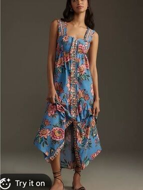Farm Rio Wonderful Bouquet Dress Blue Floral Maxi Sleeveless Summer Dress